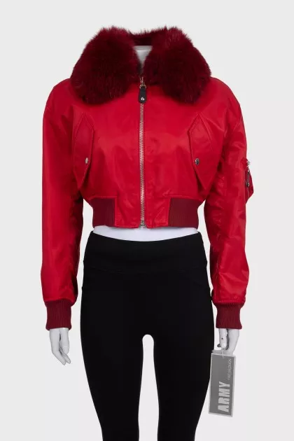 Red fur bomber jacket with tag