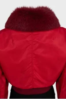 Red fur bomber jacket with tag