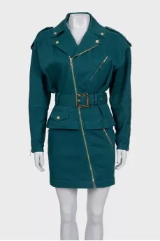 Green denim dress with a gold zipper