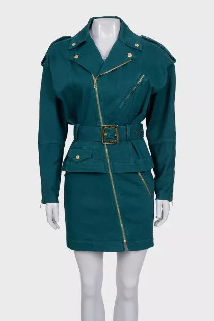 Green denim dress with a gold zipper