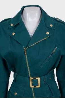 Green denim dress with a gold zipper
