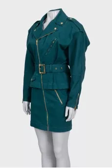 Green denim dress with a gold zipper
