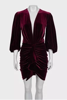 Burgundy velvet dress with puff sleeves and tag