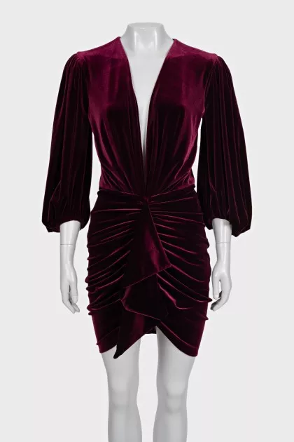 Burgundy velvet dress with puff sleeves and tag