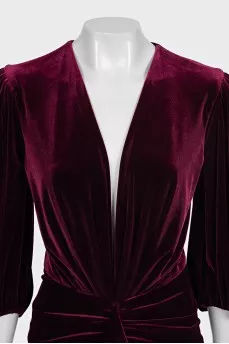 Burgundy velvet dress with puff sleeves and tag