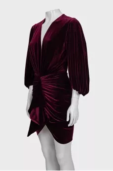 Burgundy velvet dress with puff sleeves and tag