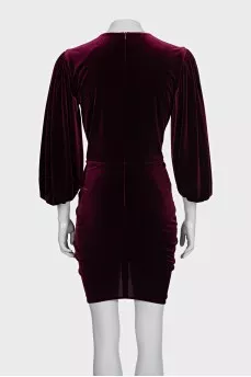 Burgundy velvet dress with puff sleeves and tag