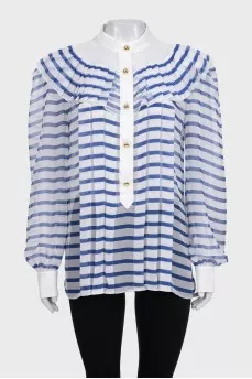 White transparent blouse with blue stripes and ruffles
