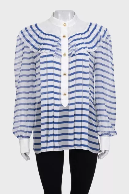 White transparent blouse with blue stripes and ruffles
