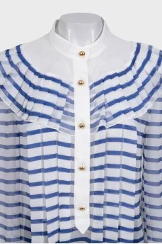 White transparent blouse with blue stripes and ruffles