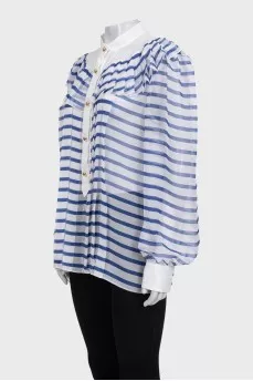 White transparent blouse with blue stripes and ruffles