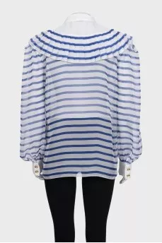 White transparent blouse with blue stripes and ruffles
