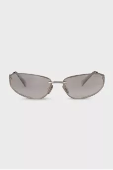 Silver oval glasses with logo on the temples