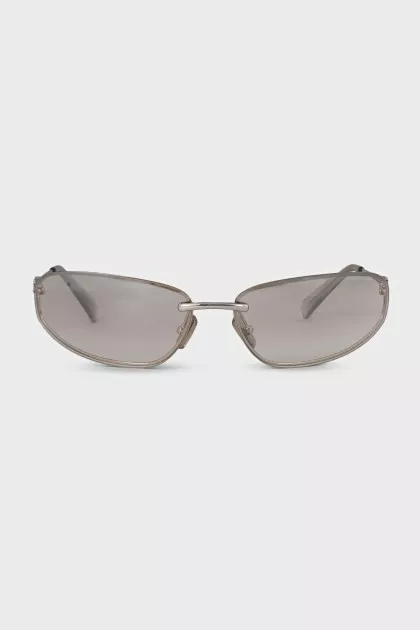 Silver oval glasses with logo on the temples