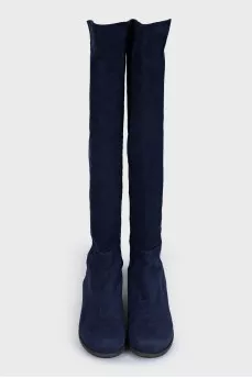 Blue suede and fabric boots