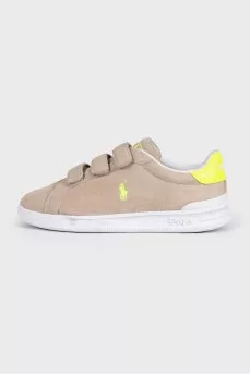 Beige suede sneakers with velcro fasteners