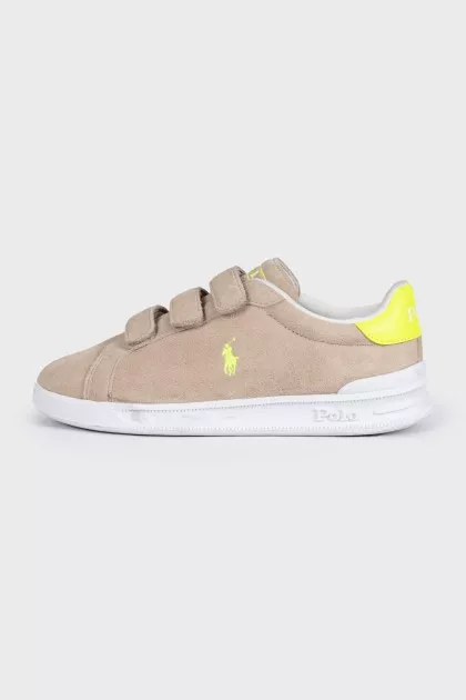 Beige suede sneakers with velcro fasteners