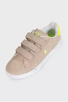 Beige suede sneakers with velcro fasteners