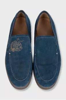 Men's blue suede loafers with print