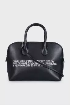 Black leather tote with text print
