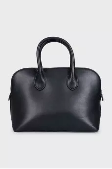 Black leather tote with text print
