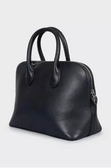 Black leather tote with text print