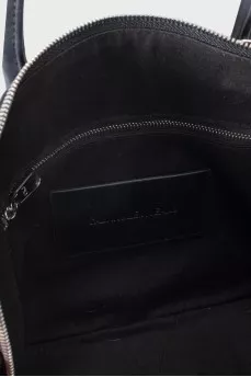 Black leather tote with text print
