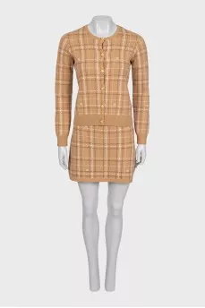 Brown plaid print skirt suit with tag