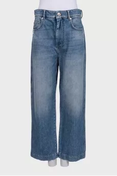 Blue straight leg distressed jeans