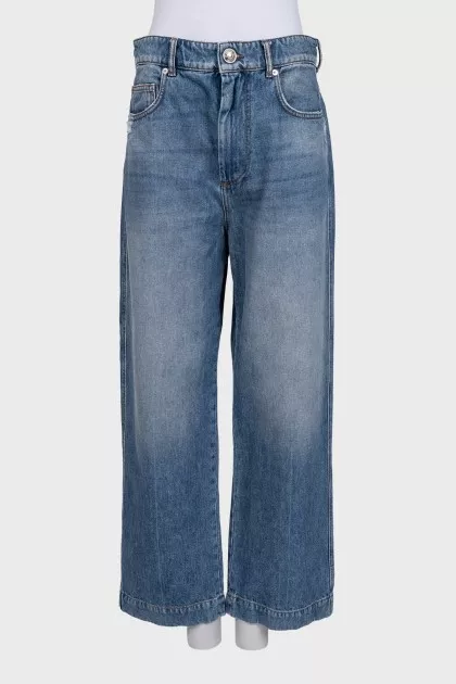 Blue straight leg distressed jeans