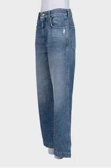 Blue straight leg distressed jeans