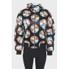 Zippered hooded print jacket