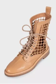 Brown leather boots with mesh weave