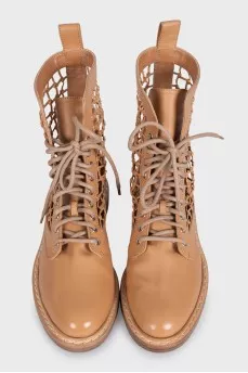 Brown leather boots with mesh weave