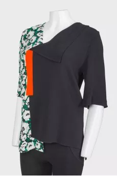 Asymmetric collar and contrasting print top