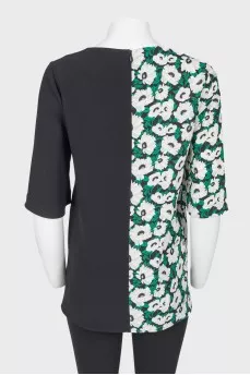 Asymmetric collar and contrasting print top