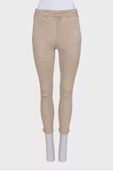 Beige leather trousers with elastic waistband