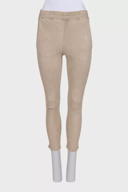 Beige leather trousers with elastic waistband