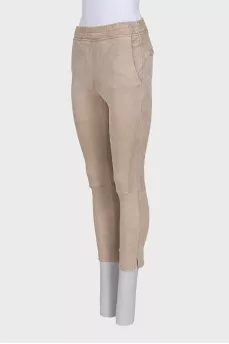 Beige leather trousers with elastic waistband