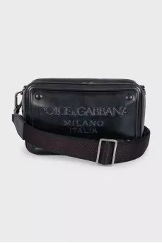 Men's black leather bag with a 3D embossed logo