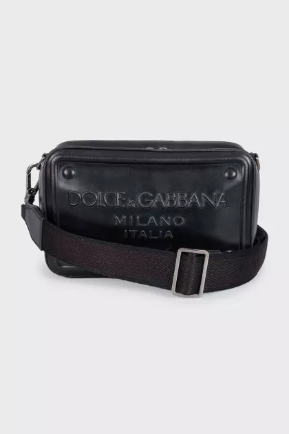 Men's black leather bag with a 3D embossed logo