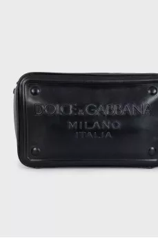 Men's black leather bag with a 3D embossed logo
