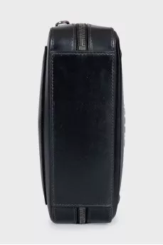 Men's black leather bag with a 3D embossed logo