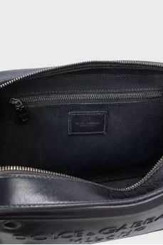 Men's black leather bag with a 3D embossed logo