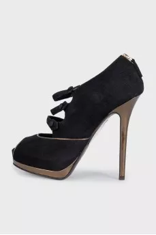 Black suede open toe heels