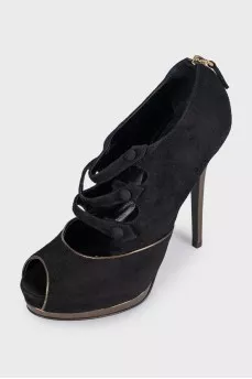 Black suede open toe heels
