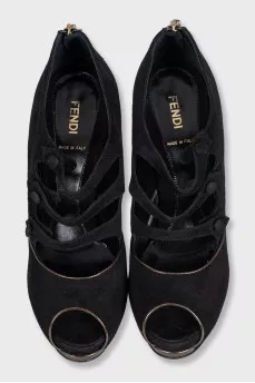 Black suede open toe heels