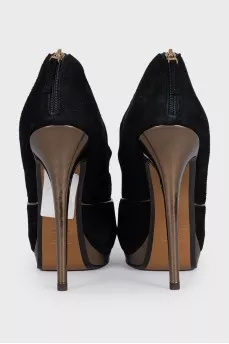 Black suede open toe heels