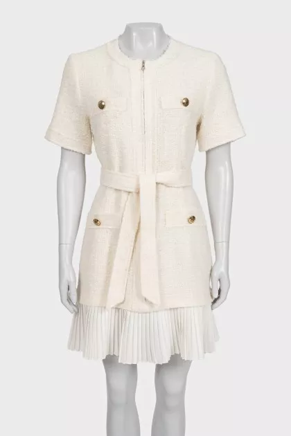 White tweed dress with a belt