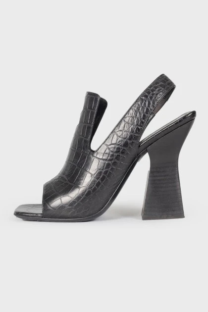 Black leather heeled shoes with open heel and toe